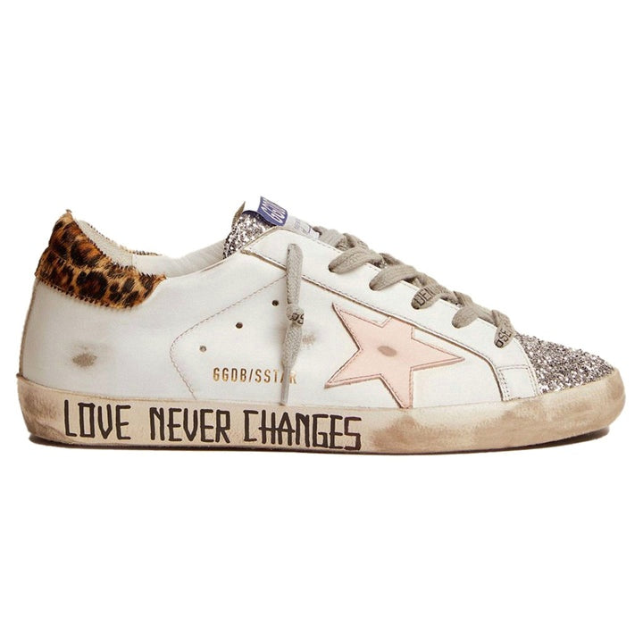 Golden Goose Superstar in silver glitter tongue and handwritten lettering on the foxing
