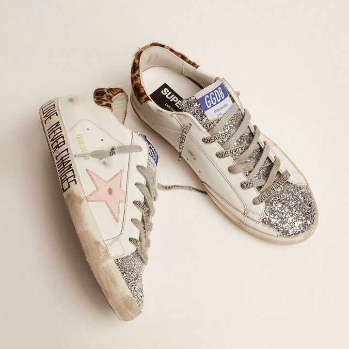 Golden Goose Superstar in silver glitter tongue and handwritten lettering on the foxing